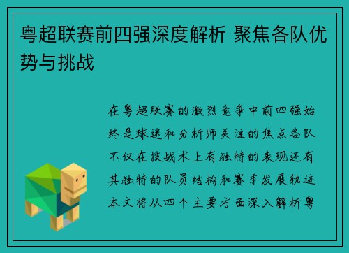 粤超联赛前四强深度解析 聚焦各队优势与挑战